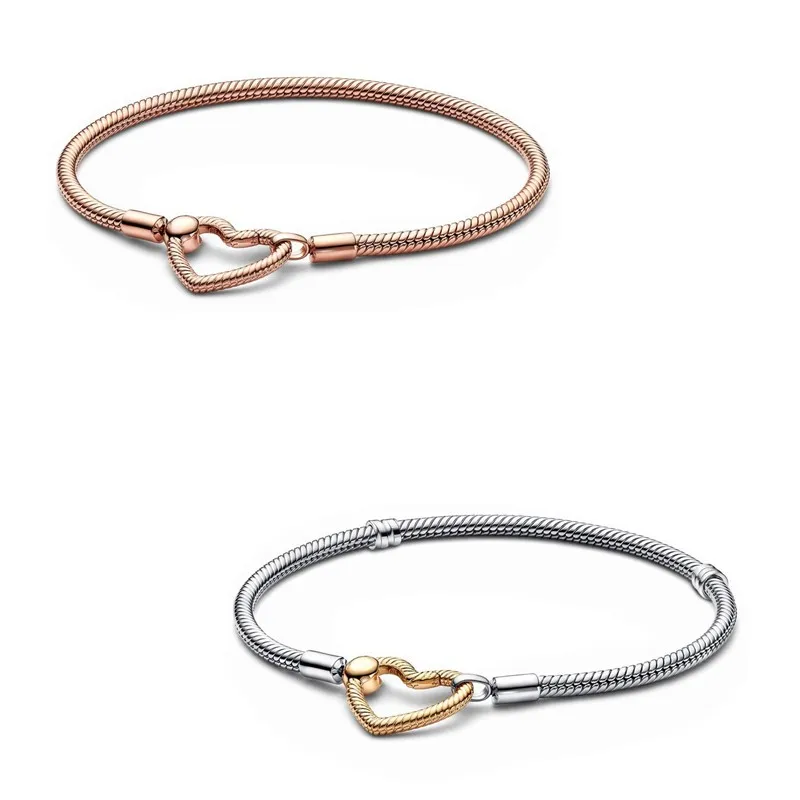 

Authentic 925 Sterling Silver Moments Rose Heart Closure Snake Chain Bracelet Bangle Fit Bead Charm Diy Pandora Jewelry