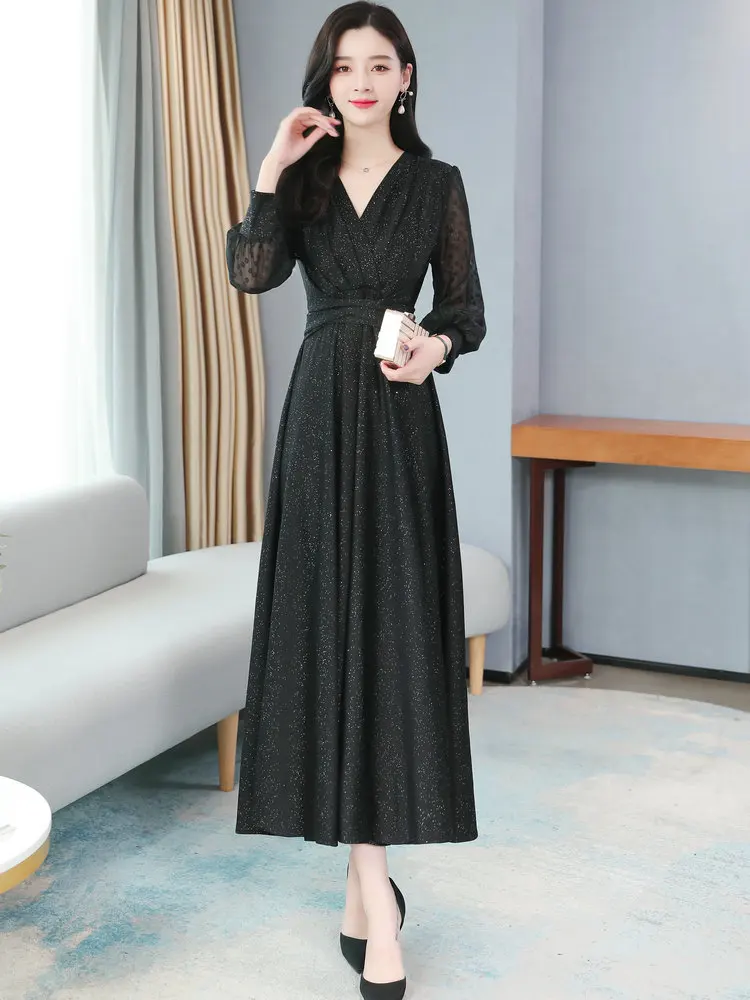 

Женские элегантные черные платья с запахом, Тюлевое контрастное цельное платье в горошек с длинным рукавом, женское платье с V-образным выре...