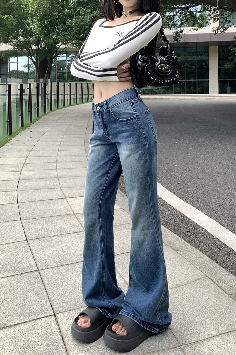 ZMAYC женские тонкие расклешенные джинсы с низкой посадкой новые винтажные уличные