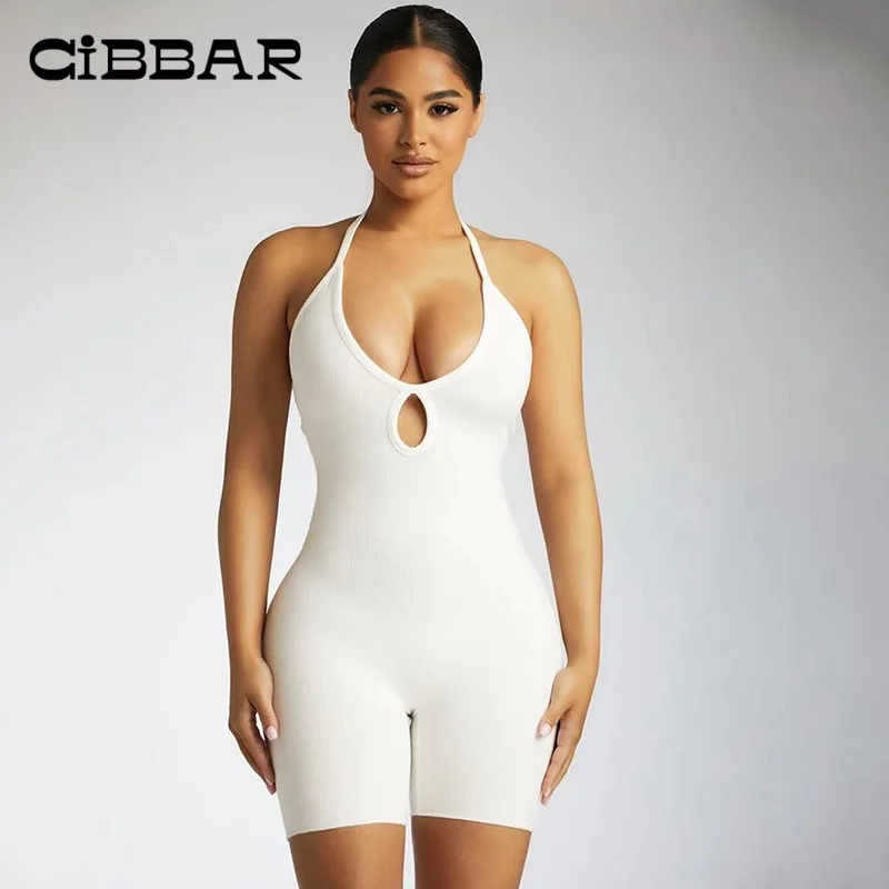 

CIBBAR Classic Solid White Women Overalls Match Sexy Halter Cleavage Hollow Out Backless Playsuit Clubwear Bodycon Rompers Sport