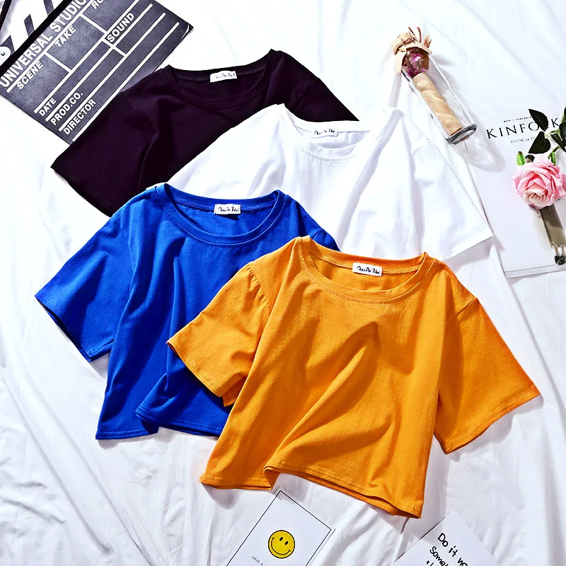 

women topsSummer Short Sleeve T-shirt Women's Pure Cotton Solid Color T-shirtO-neck High Waist Flat Head T-shirt Women's Leisure