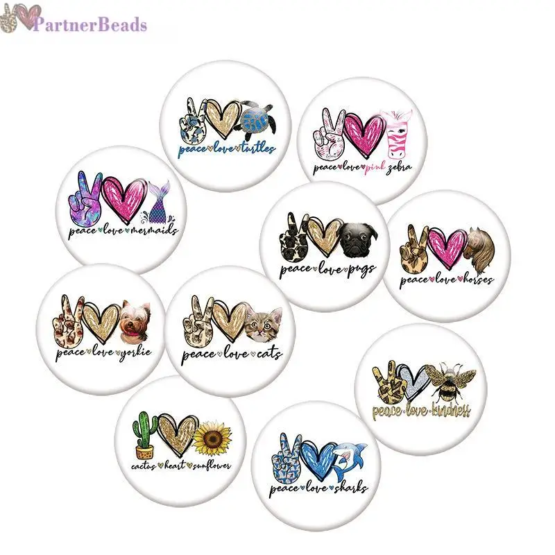 

peace Love Cat Dog Round Photo Glass Cabochon Demo Flat Back Making Findings 20mm Snap Button N8411