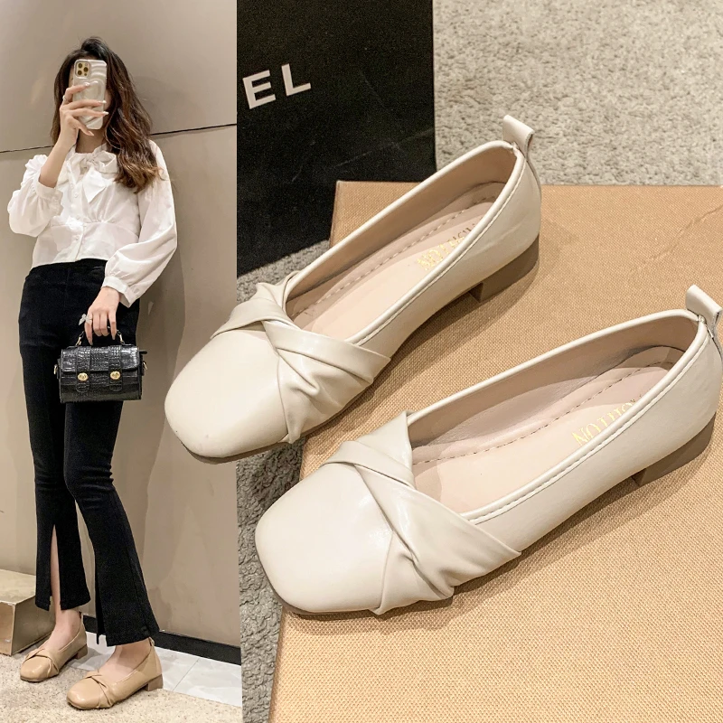 

2023 New Autumn Women Low Heel Flats Shoes Square Toe Moccasins Thick Heel Flat Shallow Shoes Square Toe Casual PU Size 35-40