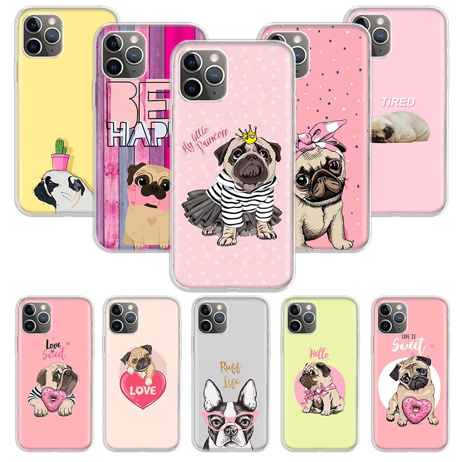 Silicone Phone Case Coque For iPhone 13 Pro Max 11 12 Pro XR X XS Max 7 8 6 6S Plus SE 2020 Cute Pink Pug Dog Cover Funda Capa