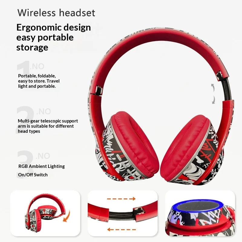 Фото Беспроводные наушники Fmouse Graffiti с Bluetooth 5.4, глубокой RGB-подсветкой, мягкими амбушюрами, совместимые с мобильными телефонами, для любителей музыки №3