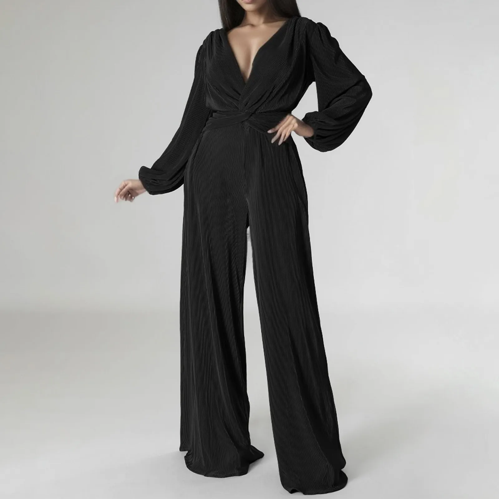 

Women Elegant Jumpsuit Solid Color Deep V Neck Long Sleeves Suit Irregular Tie Waist Floor-Length Maxi Trousers Ladies Pajamas