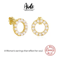 aide 925 sterling silver circle pearl stud earrings elegant vintage korean fashion punk earrings women high jewelry gifts mujer