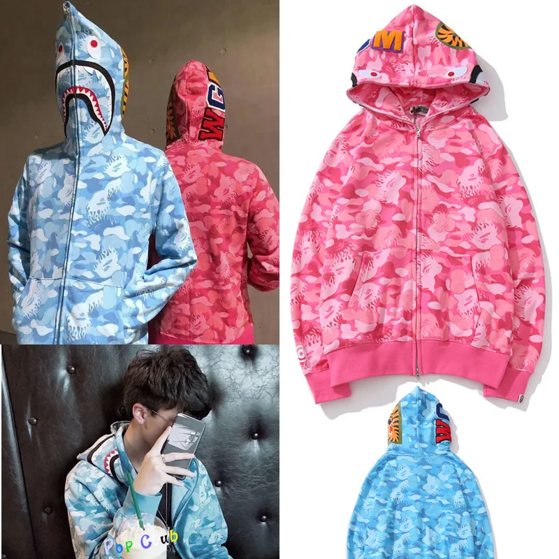 

A BATHING APE BAPE ASIA Size New fashion brand shark flame camouflage hoodie cardigan sweater coat for men and women.