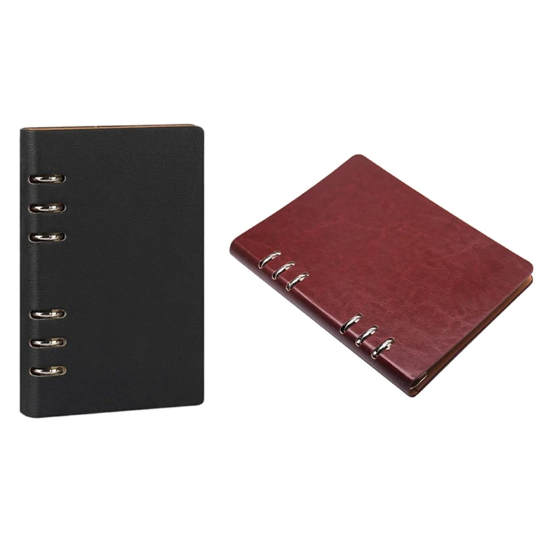 

2Pcs A5 Notebook 6 Holes Cover Notebook Loose Pocket Leather Refillable Notebook Binder Rings Journal,Black & Brown