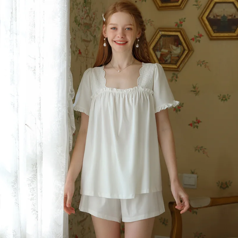 

White Square Collar Two-Pieces Sleepwear Summer Short Sleeves Loose Pajamas Casual Homewear Short Pants Pyjamas For Women New