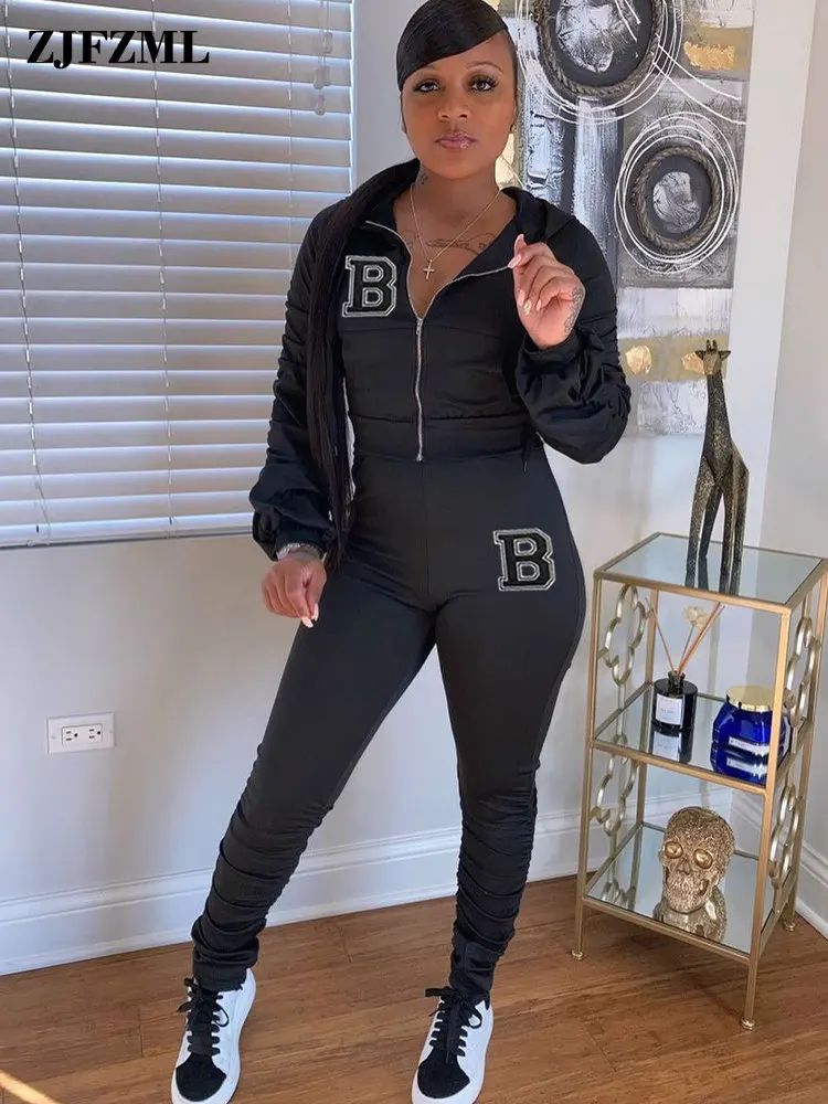 

Спортивный костюм для женщин Activewear с надписью B, комплект из двух предметов, укороченная куртка на молнии с длинным рукавом и капюшоном, с за...