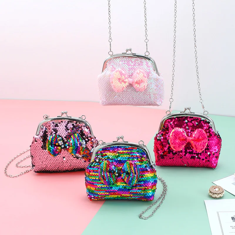 

2023 New Sequin Shoulder Bag Bowknot Coin Purse Coin Bag Children's Cute Diagonal Bag Kindergarten Children's Wallet