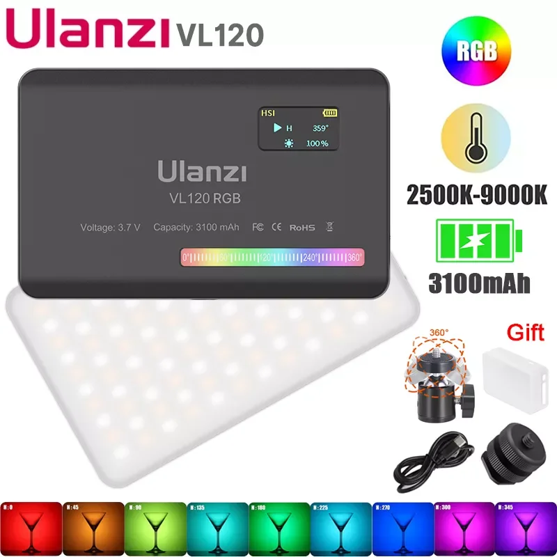 

Ulanzi VL120 RGB Светодиодная лампа для видеокамеры, полноцветсветильник перезаряжаемый светильник с регулируемой яркостью 3100 мАч 2500-9000K, панельн...