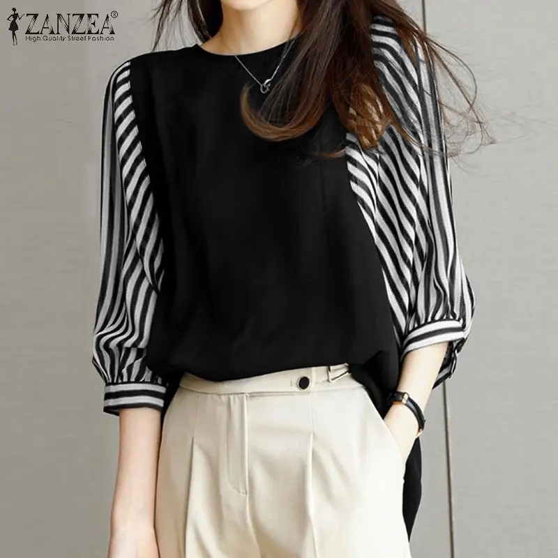 

2022 Spring O Neck Blouse Women Casual 3/4 Lantern Sleeve Striped Shirt ZANZEA Elegant Patchwork Chemise Oversized Office Blusas