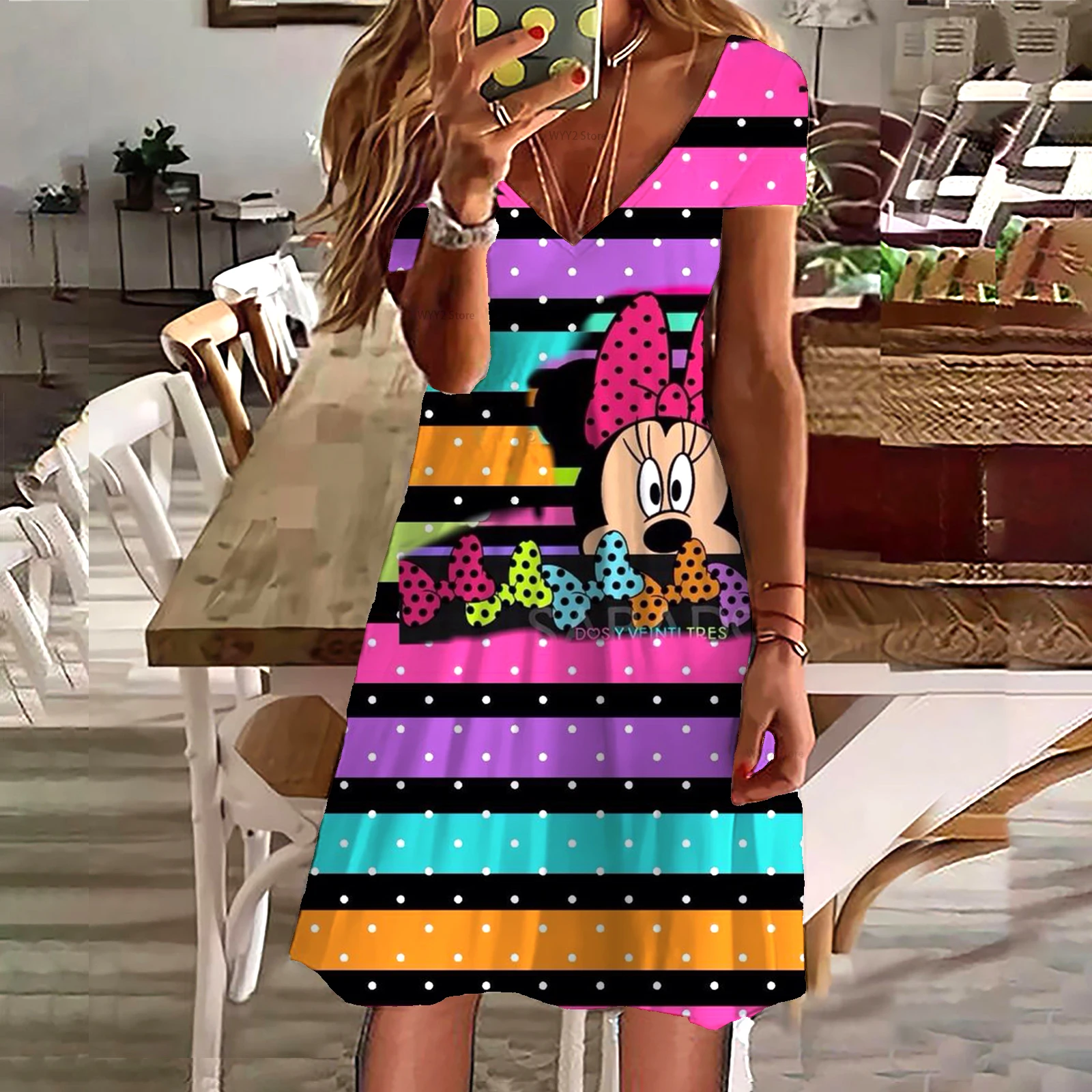 

2022 Summer Women's Disney Mickey and Minnie Drawing Dress Knee Length O Neck Short Sleeve Dress A Series Casual Art Dress