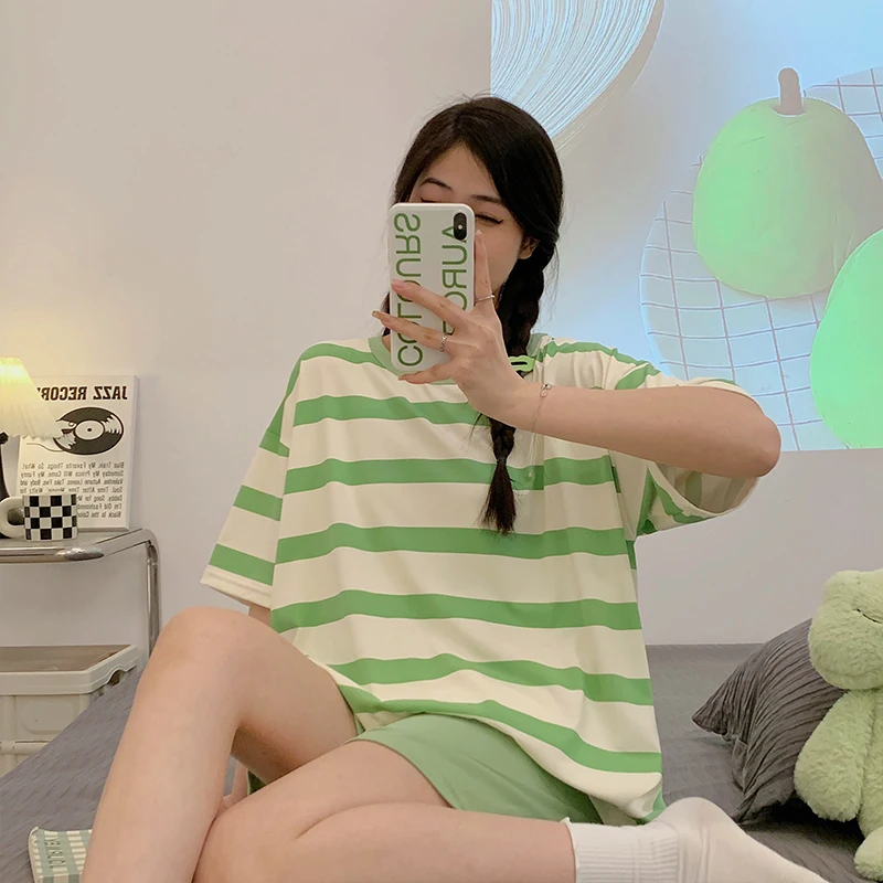 CAIYIER Cute Girls Pajama Set O-Neck Stripe Short Sleeve Shorts Sleepwear Leisure Ladies Elegant Soft Nightwear Pyjama Home Suit