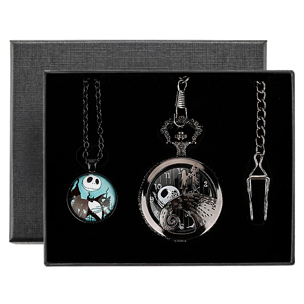 Hot Vintage Skeleton Themed Quartz Pocket Watch Gift Sets Birthday Pendant Fob Chain Pocket Clock Gifts for Men Women Kids