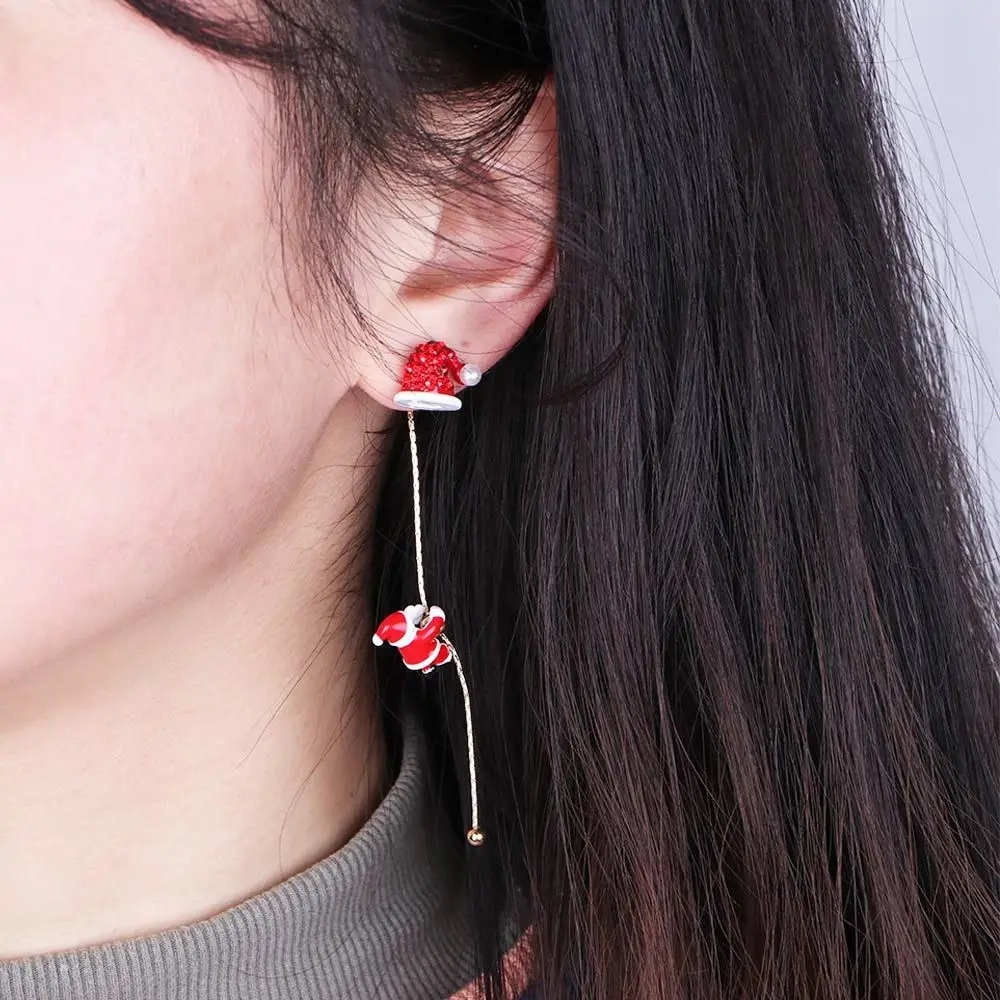 

Moving Santa Claus Alloy Sled Tree Female Ear studs Christmas Earrings Korean Style Earrings Asymmetrical Dangle Earrings