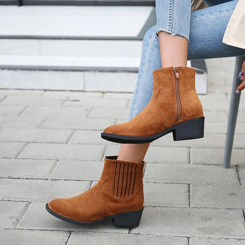 Plus Size 43 Women's Boots Suede Pointed Toe Ankle Boots Casual Mid Heel Shoes Ladies Autumn Winter Zip Up Shoes Botas Mujer New