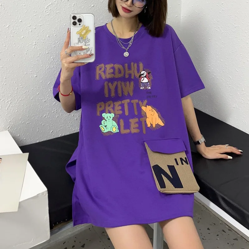 

Women's Funny Letter Cartoon Print Tees Oversized Streetwear Long T-shirts Summer Korean Fashion Y2K Short Sleeve Tops Ropa