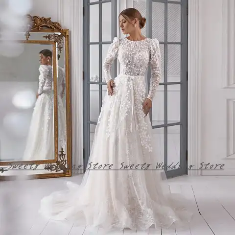 Wedding Dress 2023 O Neck Long Sleeves Exquisite Lace Applqiue Sweep Train A Line Glitter Bridal Gown for Women Robe De Mariee
