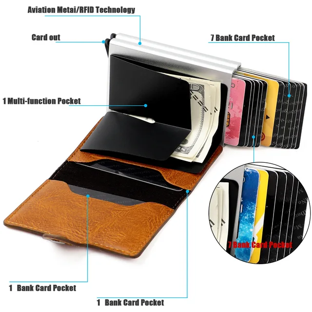 New RFID Blocking Men's Credit Card Holder Vintage Leather Bank Card Wallet Double Metal Automatic Card Holder for Women 4