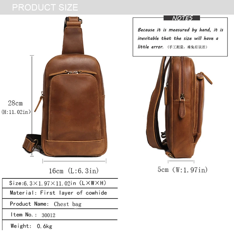 Vintage Men's Sling Bag Crazy Horse Leather Chest Pack Casual Crossbody shoulder bag 30012