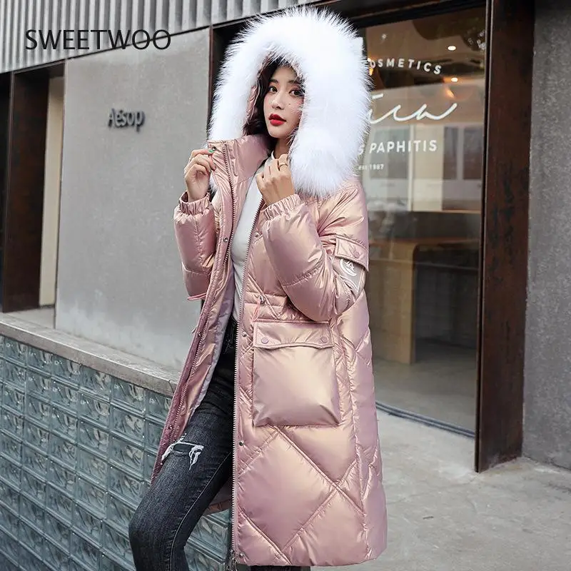 2022 Winter Down Padded Jacket Female Korean Long Overcoat Casual Adjustable Waist White Fur Collar Hooded Women Snow Coat Parka