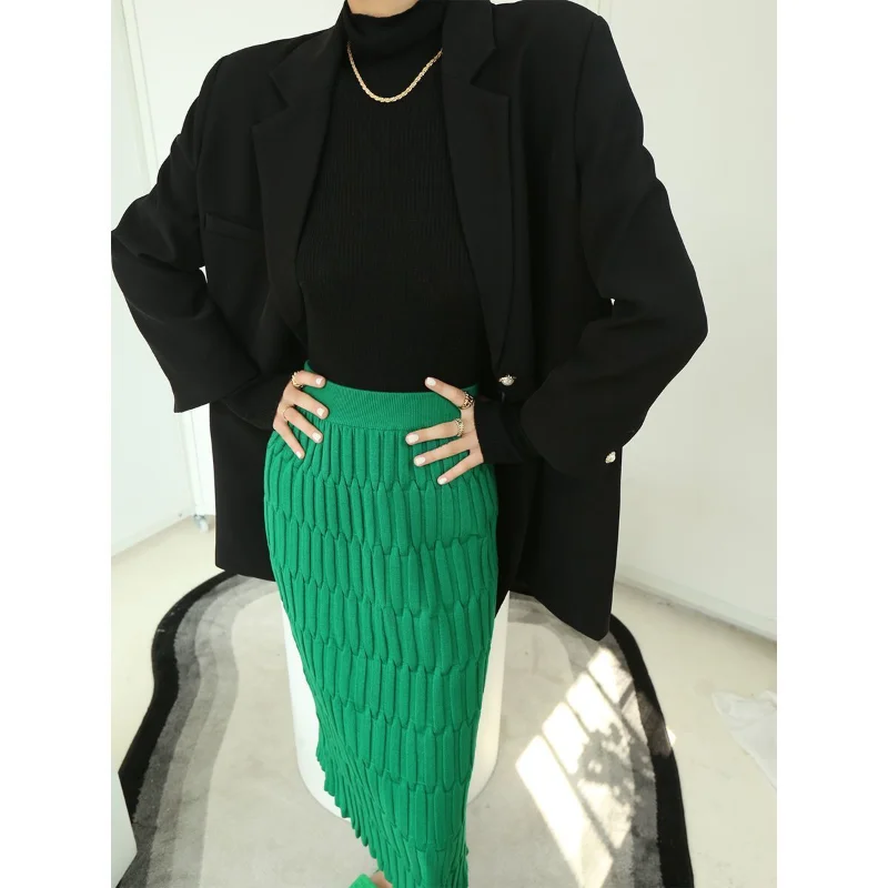 

New Elegant High Waist Wrap Type Knitted Half Skirt Female Pencil Skirt Female Slim Zipper Mid-tube Skirt Office Workers OZZO