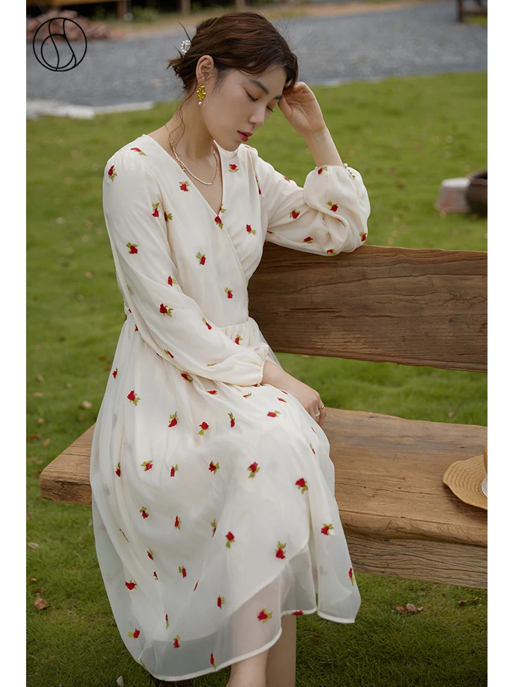 

DUSHU Office Lady Loose Light Yellow Embroidered Wrap Dress 2021 Fall New Sweet High Waist Dress Long Sleeve Women Dress