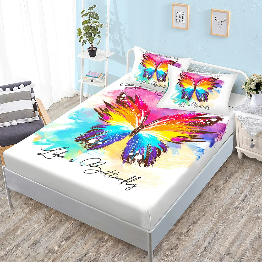 

Butterfly Bed Sheet Fitted With Pillow Cover 3D Sheet Set With Fitted Queen Microfiber Dustproof Bed Mattress Cover Sheet Kids