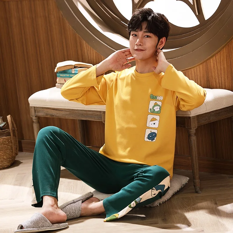 

Men's Pajama Set Soft Comfortable Spring Autumn Long Sleeve Pants Home Wear Cotton Pyjamas Suite Casual Home Clothes