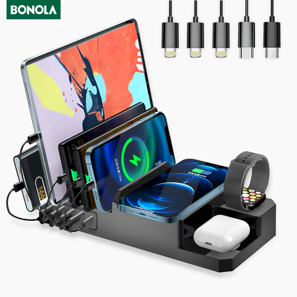 

65W Multi USB Charger PD Quick Charge 3.0 Qi Wireless Charger 5 USB Ports Fast Charging Station for iPhone/Airpods Pro/iWatch