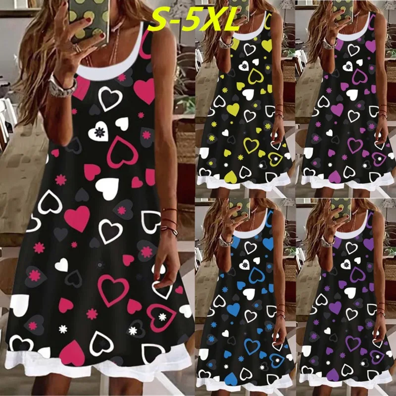 

2022 Summer New Women's Clothing Fake Two Pieces Sleeveless Love Fashion Casual Loose Soft Comfortable O Neck Dress