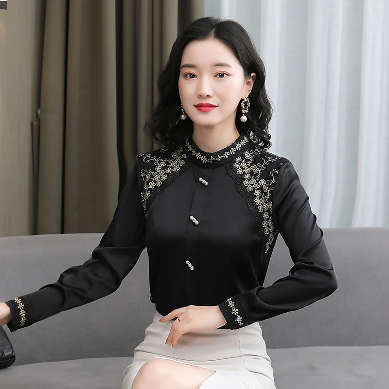 

Summer New Women's Blouse O Collar Shirt Long Sleeve Top Stitching Solid Color Satin Hedging Casual Fashion Lady Loose