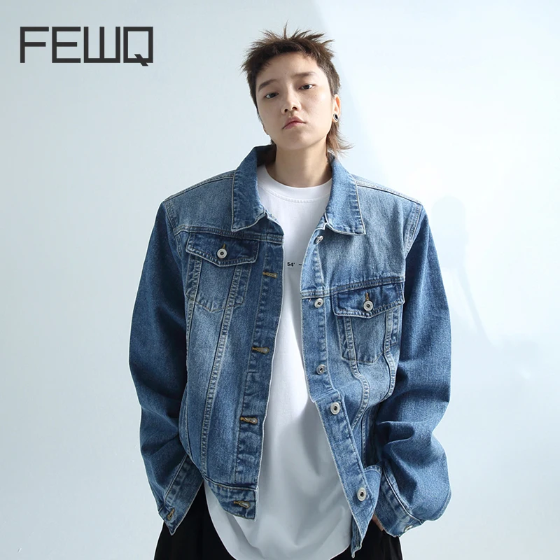 

FEWQ Staggered Deconstructed Silhouette Denim Shoulder Pad Men Jacket 2023 Solid Color Vintage Male Denim Coat Fashion 24X1379