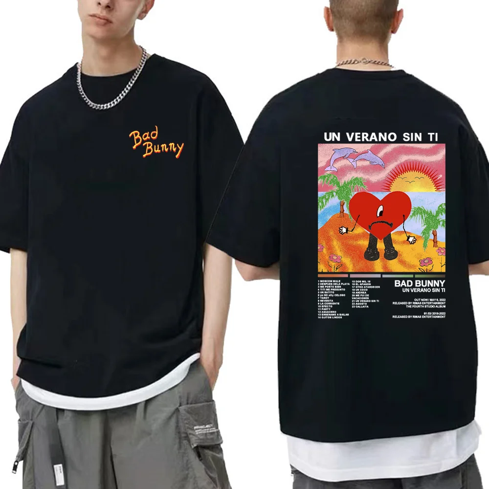 Футболка Bad Bunny UN VERANO без музыкального альбома, Черная мужская и женская футболка с графическим рисунком, хлопковая футболка, мужские и женские футболки, топы
