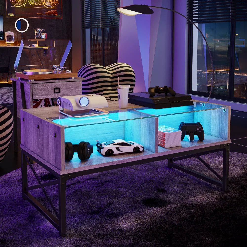 

Coffee Table with LED Lights and Glass Shelf,