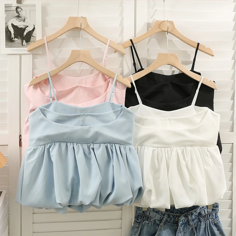 

Милые корейские майки и кофточки, милые плиссированные топы на бретельках, Майки с открытой спиной, модная летняя одежда в стиле Харадзюку, ...