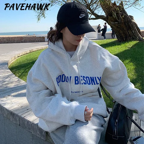 Women Y2K Hoodies Vintage Streetwear Letter Printing Hooded Sweatshirts Casual Loose Long Sleeve Pullover Female Hoodie Tops