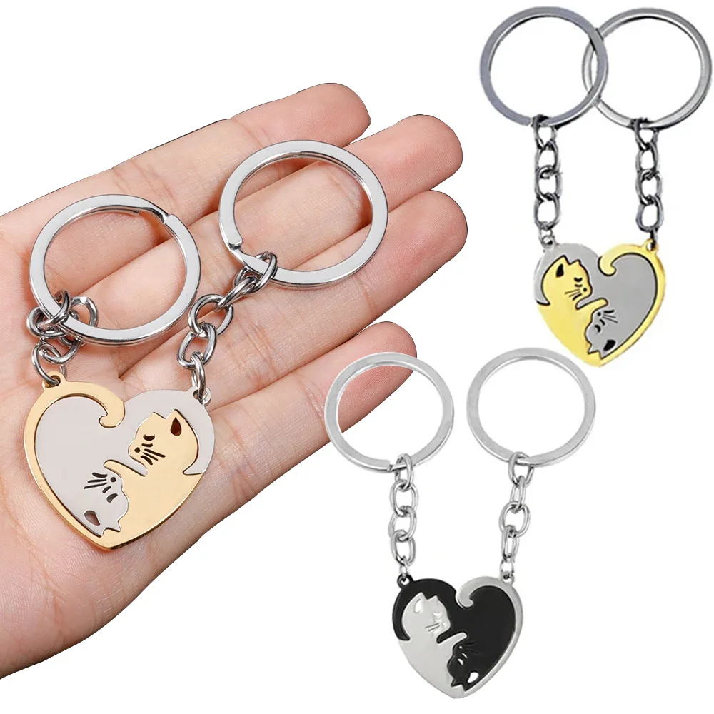 Cute Hug Cat Keychain Creative Patchwork Heart Round Keyring Couple Lovers Key Chains Bag Pendant Car Keyholder Accessories Gift