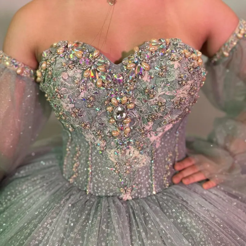 Фото Зеленое милое платье с открытыми плечами в стиле Quinceanera, женское платье из фатина на шнуровке с аппликацией, милое платье 15 16, бальные платья Gw №4