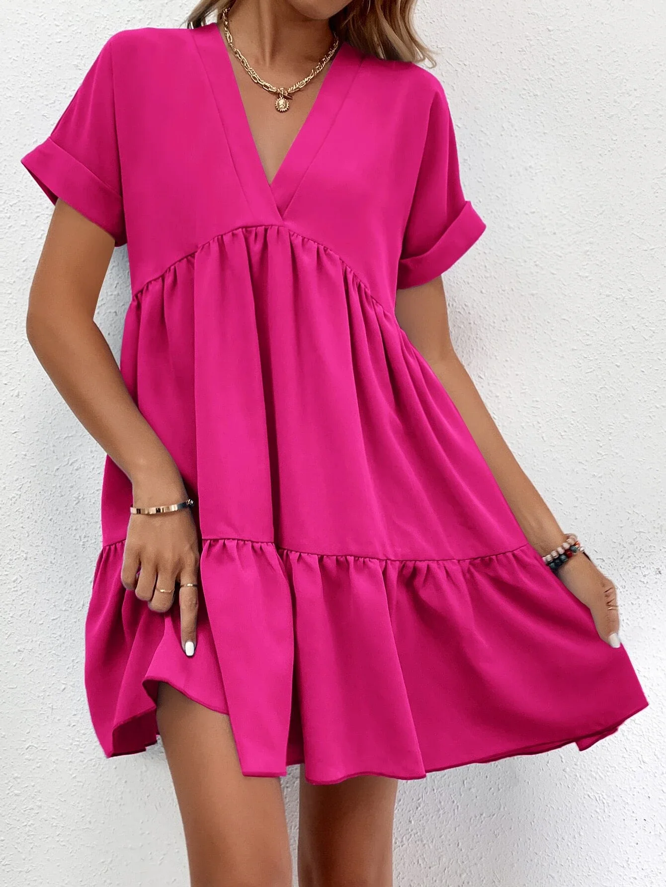 

Roll Cuff Ruffle Hem Solid Dress