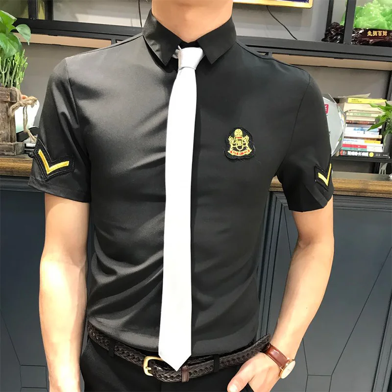 

Camisa Social Manga Curta Air Force Pilots Uniform Shirt Men Black White Slim Fit Camisa Social Masculina Dress Shirts