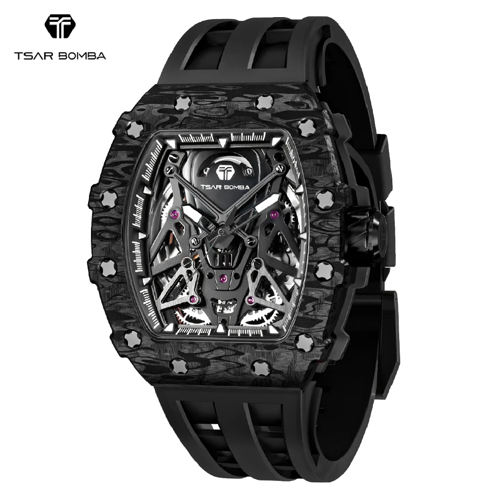 

TSAR BOMBA Automatic Watch Men Carbon Fiber Tonneau Mechanical Wristwatch Waterproof Sapphire Clock Luxury Fashion Man Watches