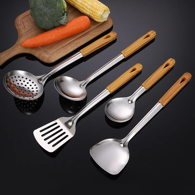 

Wooden Handle Frying Shovel Rice Spoon Stainless Steel Cooking Tool Set Home Pan Spatula Colander Novel Kitchen Accessories