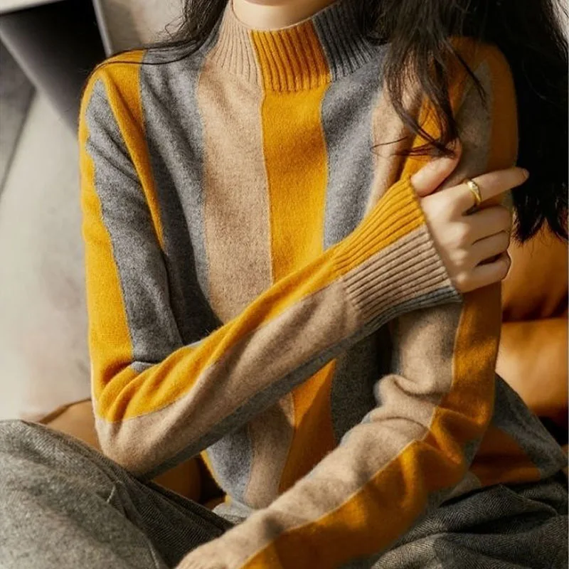 

Spring Autumn Vintage All-match Knitted Turtleneck Pullovers for Women 2023 New Stripe Women Sweater Korean Fashion Chic Tops