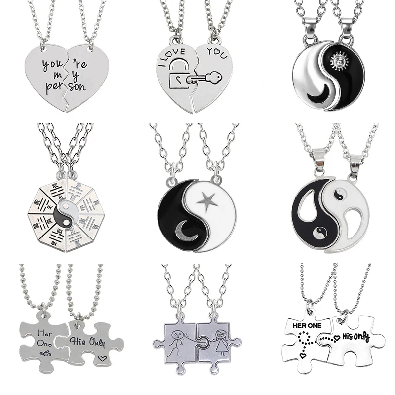 

2 Pcs/Set Yin Yang Tai Chi Necklace For Couples Broken Heart Puzzle King Queen Pendant Necklaces Send Lovers Jewelry Gifts 2023
