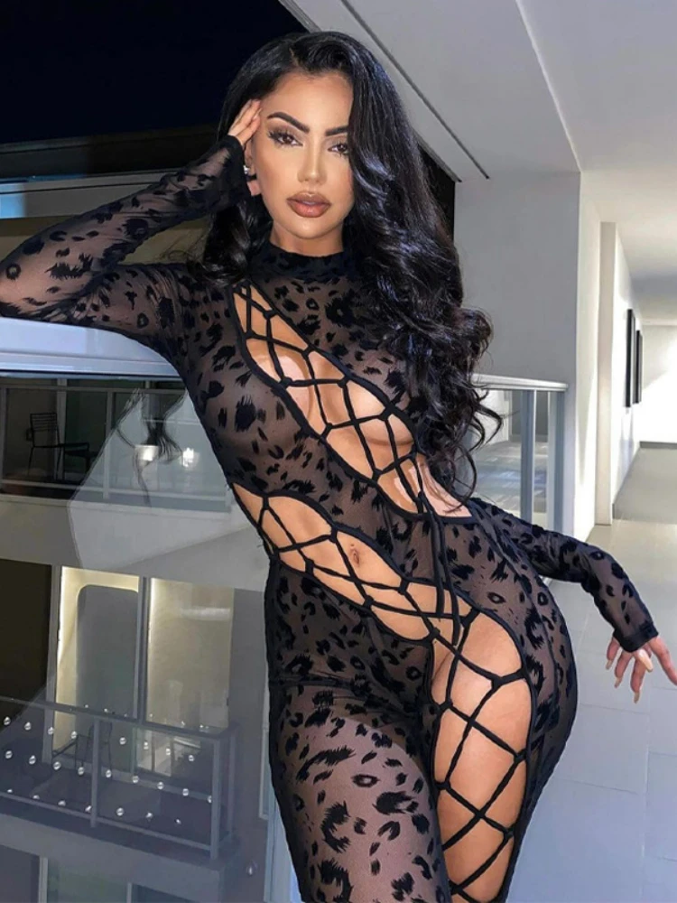 

Sexy Hollow Out Skinny Jumpsuits for Women Fashion Bandage Leopard Printed Long Sleeve Overalls Black Club Party Jumpsuits 2023