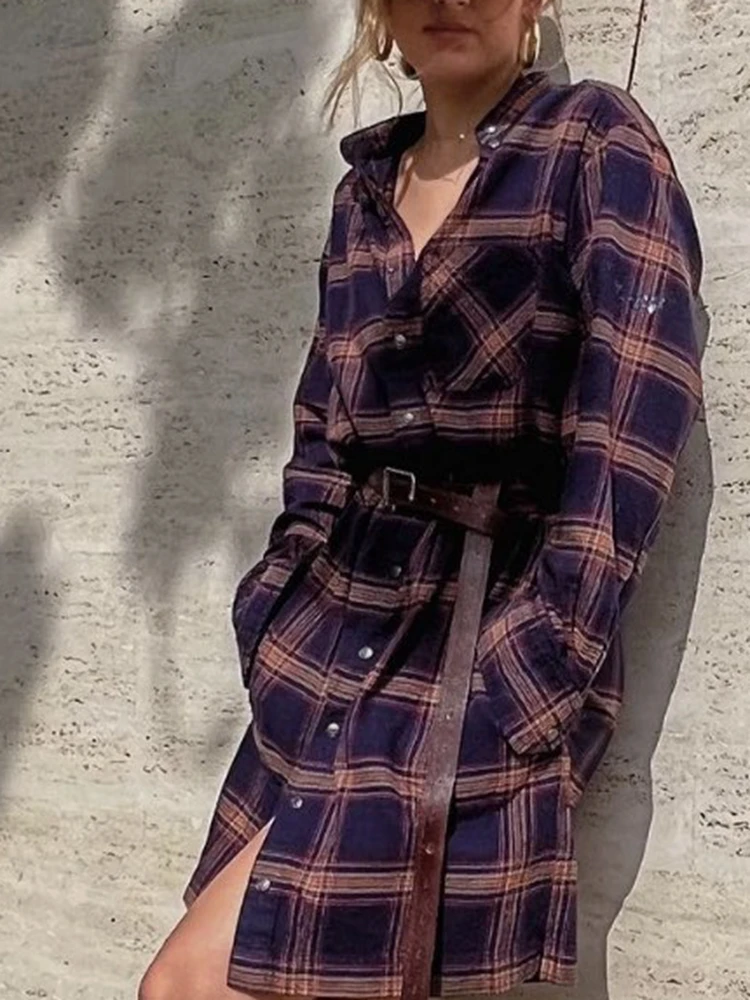 

Женское платье-рубашка в клетку с длинным рукавом, 2022